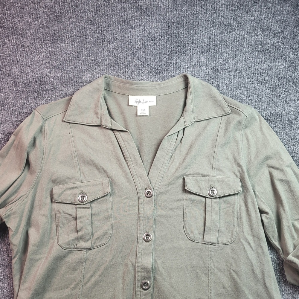 Style & Co Petite PM Olive Green Cotton Utility Button Down Roll Tab Shirt - Picture 1 of 8